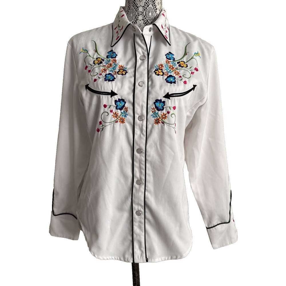 Scully White Western Riding Shirt Embroidered Flowers womans Rodeo M